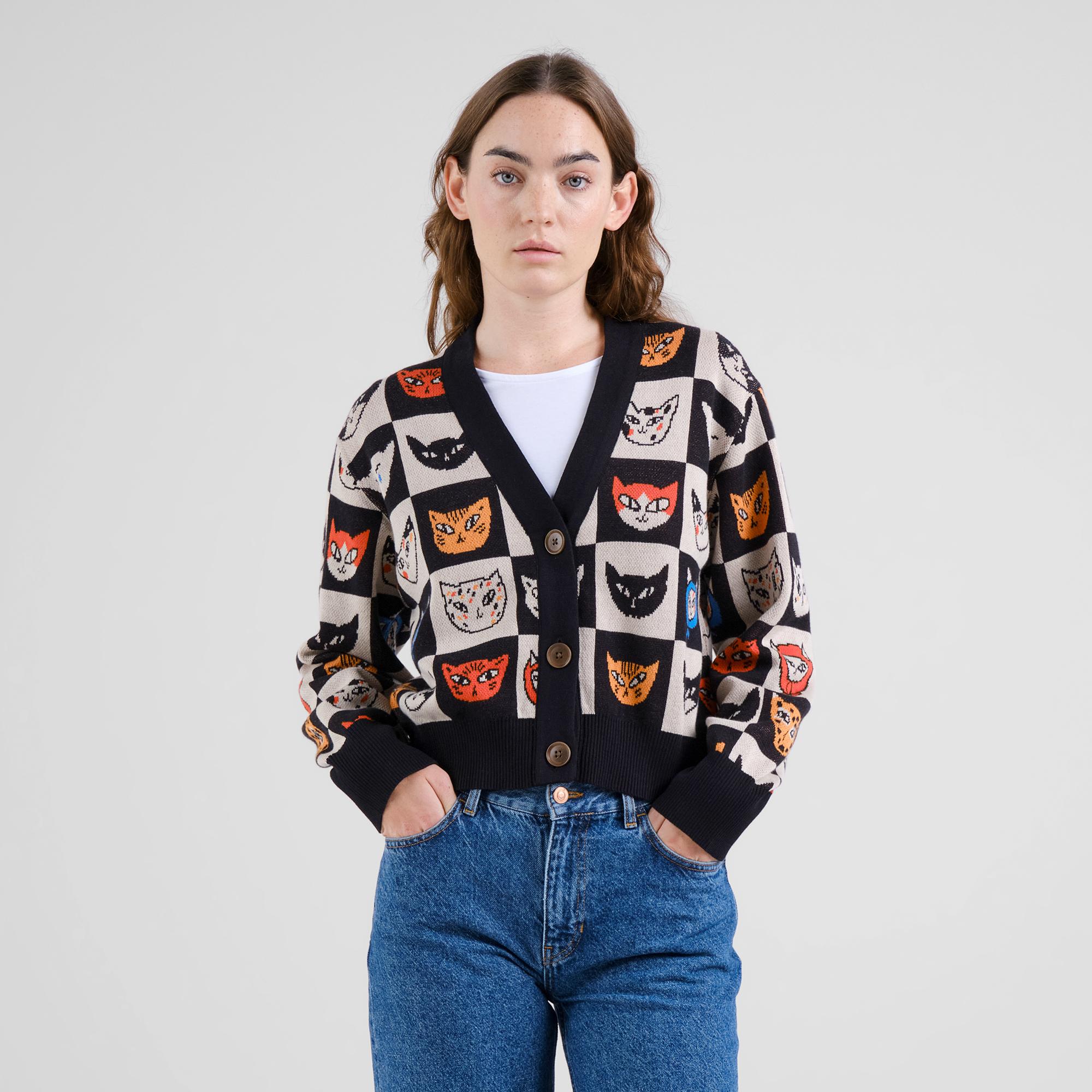 Dedicated Kanan Cat Bingo Cardigan Strickjacke Bio Baumwolle weiß schwarz